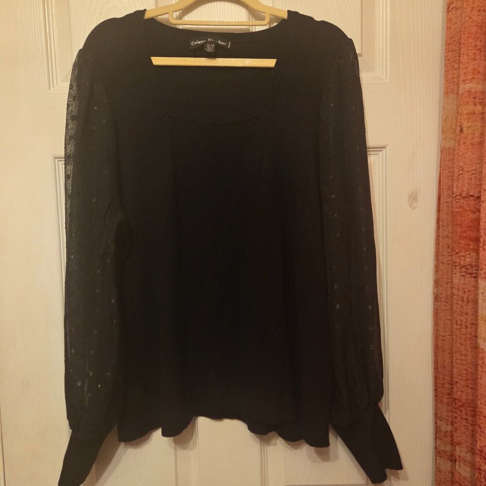 Catherine Malandrino Black Mixed Media Sweater Sheer Dotted Sleeve Plus Size 2X